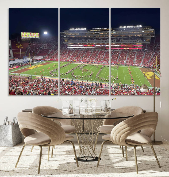 Canvas print depicting a packed stadium at night with a marching band forming USC, celebrating the Trojans at Los Angeles Memorial Coliseum.