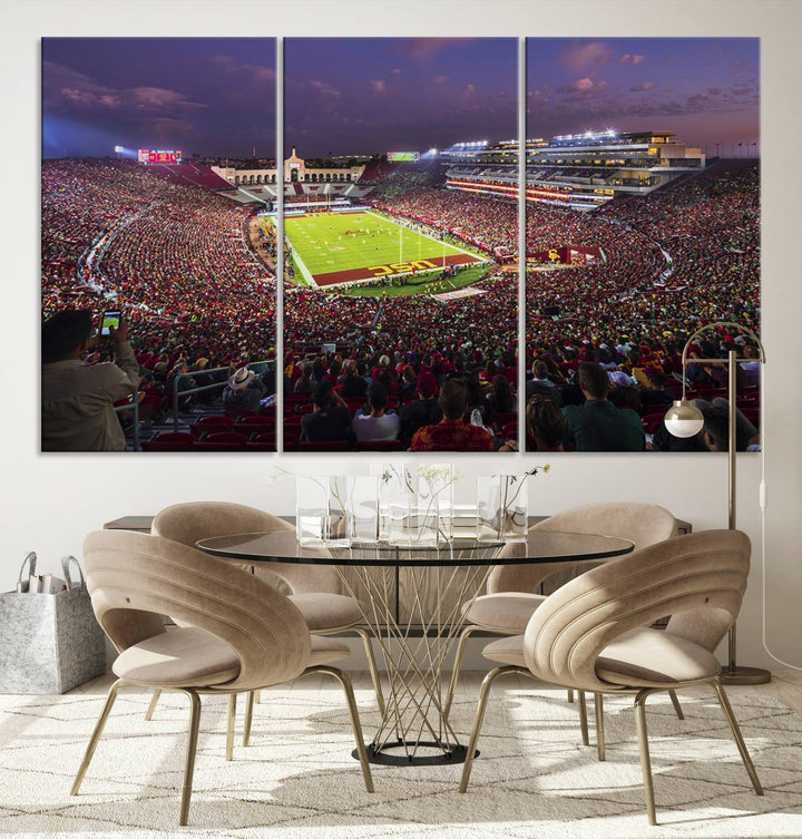 The vibrant wall art canvas print captures the USC Trojans playing under lights at dusk in LA Memorial Coliseum.