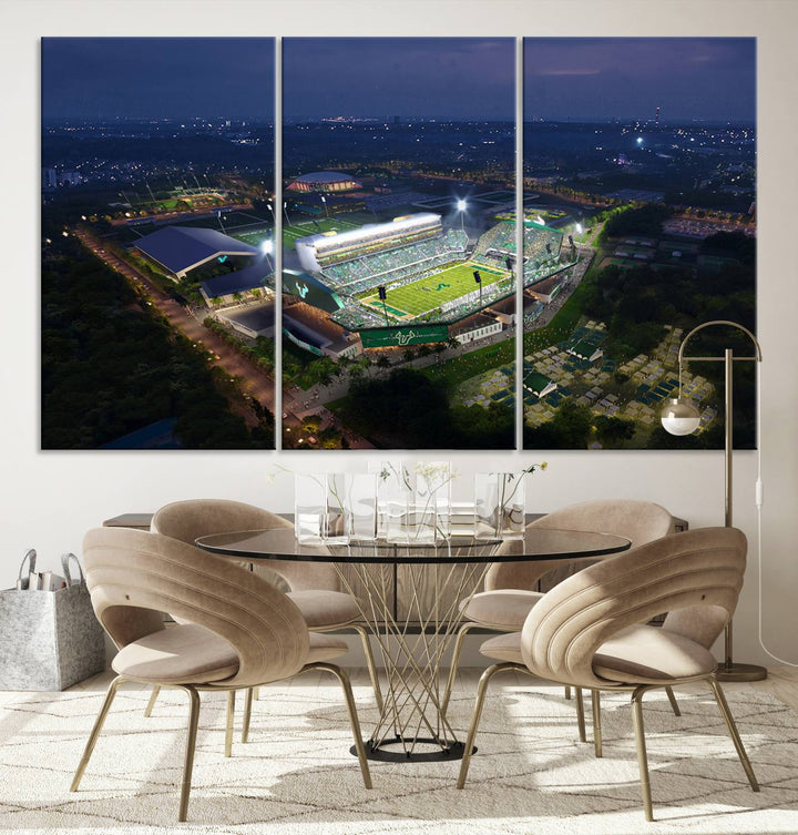 The USF Bulls Football Team Wall Art Canvas Print showcases the Tampa USF Football Stadium at night with city lights.