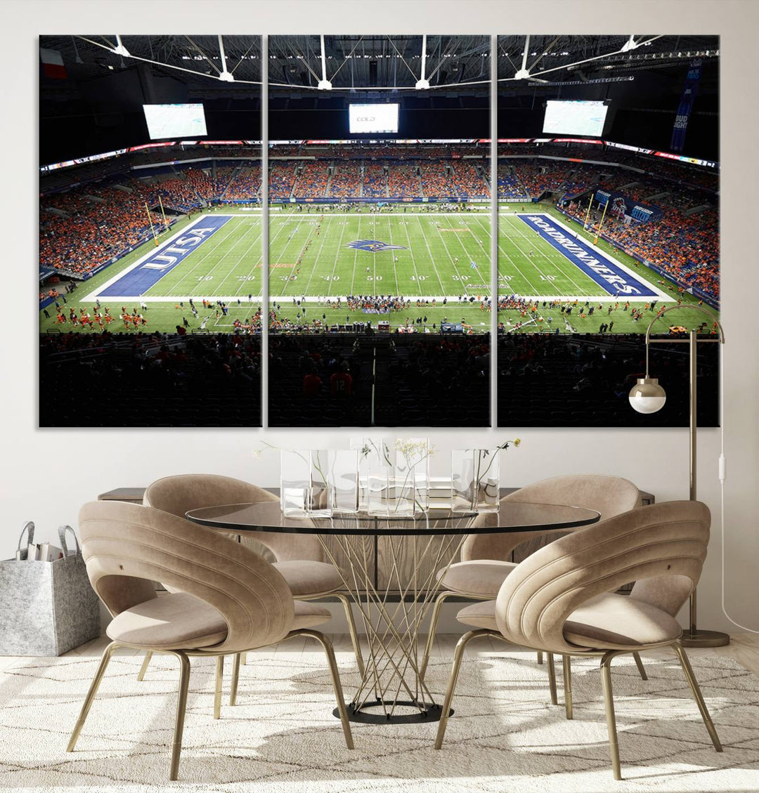 The UTSA Roadrunners game at Alamodome canvas print captures the scene from above, displaying fans and the UTSA lettering on the field.