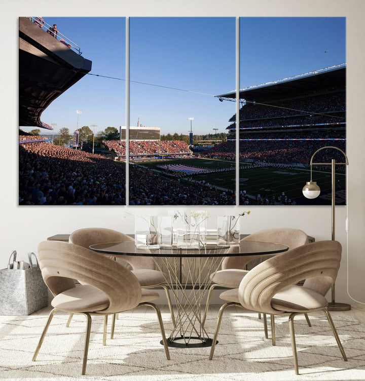 The University of Washington Huskies wall art print depicts Husky Stadium coming alive with fans as flags flutter.