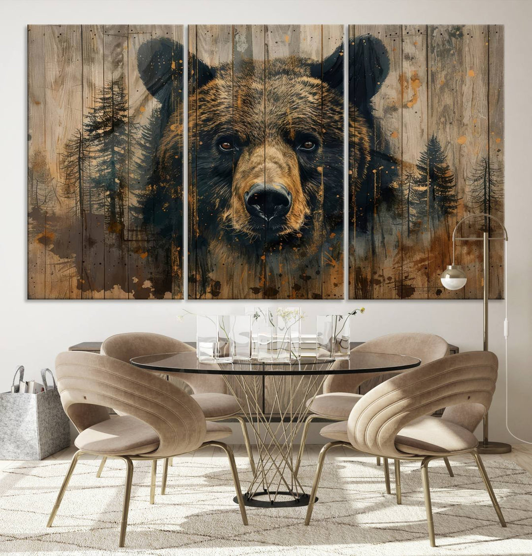 The Abstract 399 Bear Wall Art, featuring a rustic cabin theme with forest design, is framed and ready to hang. It's ideal for lodge, cabin, and barn decor and perfectly complements the nature lover's aesthetic.