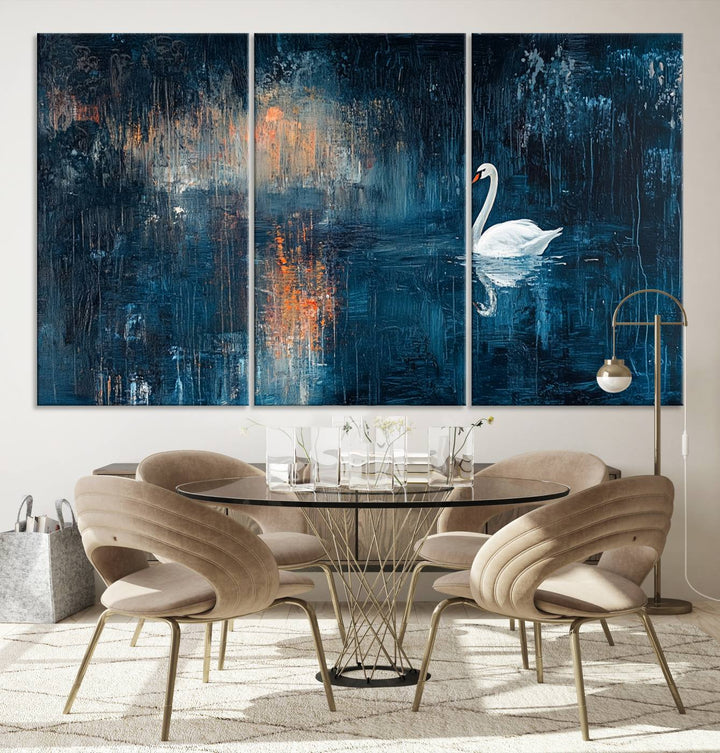 Abstract Swan Wall Art | Moody Blue and Orange Swan Painting on Canvas | Framed and Ready to Hang | Elegant and Modern Art for Living Room or Bedroom Decor