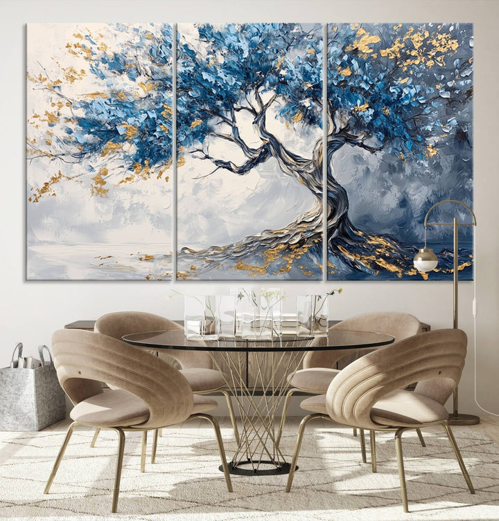 Elegant Abstract Tree Canvas Wall Art | Tree of Life Painting | Textured Art in Blue and Gold | Framed & Ready to Hang for Modern Living Room Decor