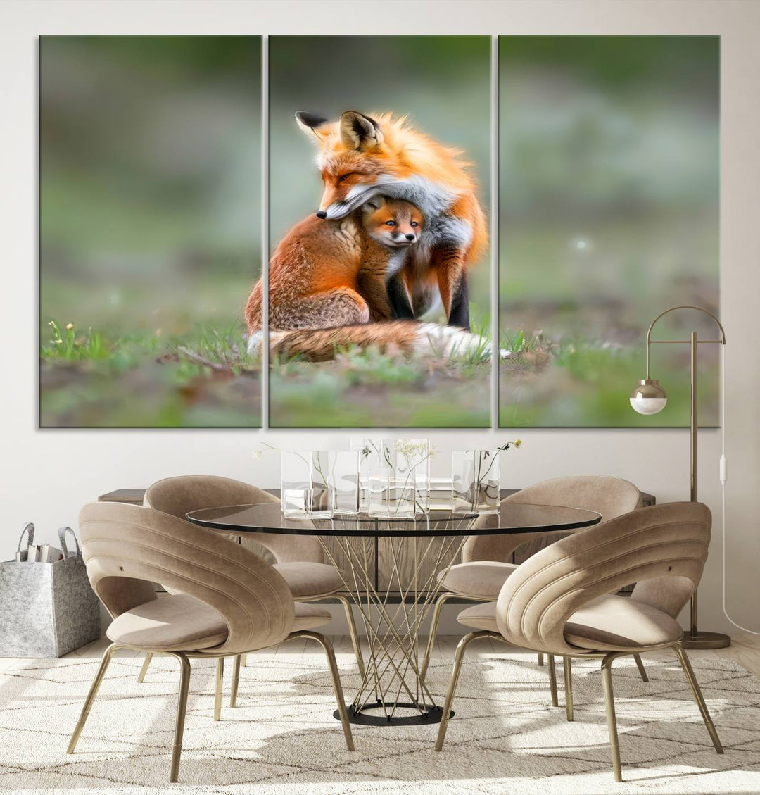 Heartwarming Fox and Baby Cub Wall Art | Ready to Hang Canvas Print of Foxes in Nature | Perfect for Animal Lovers, Rustic Decor, and Cabin Wall Art