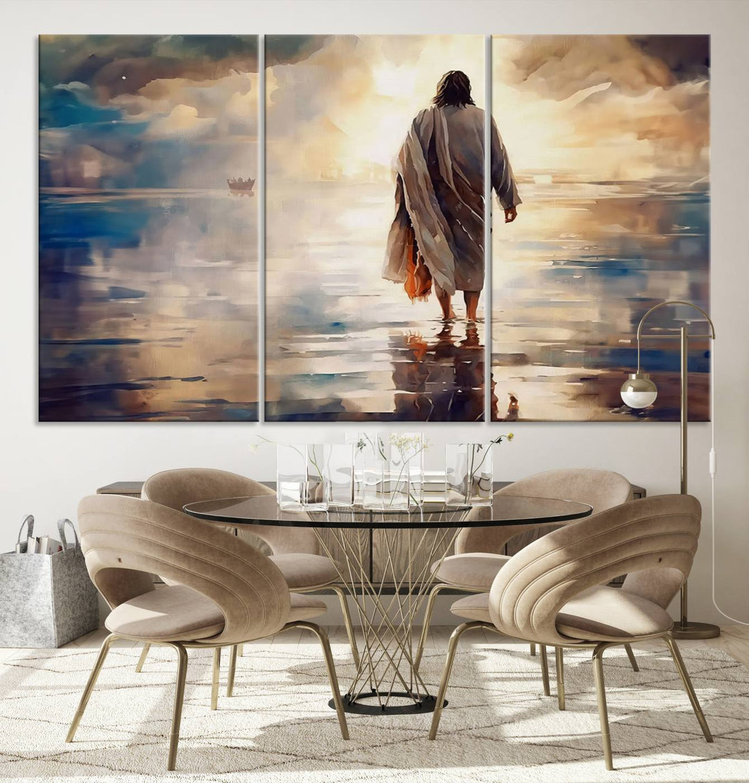 Jesus Walking on Water Wall Art | Ready to Hang Spiritual Triptych Canvas Print | Inspirational Christian Decor for Home or Church