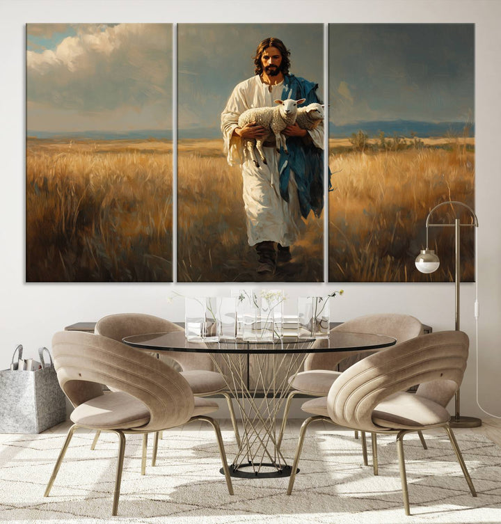 Jesus Shepherd Wall Art | Ready to Hang Triptych Canvas of Jesus Holding a Lamb in a Field | Inspirational Christian Decor for Home