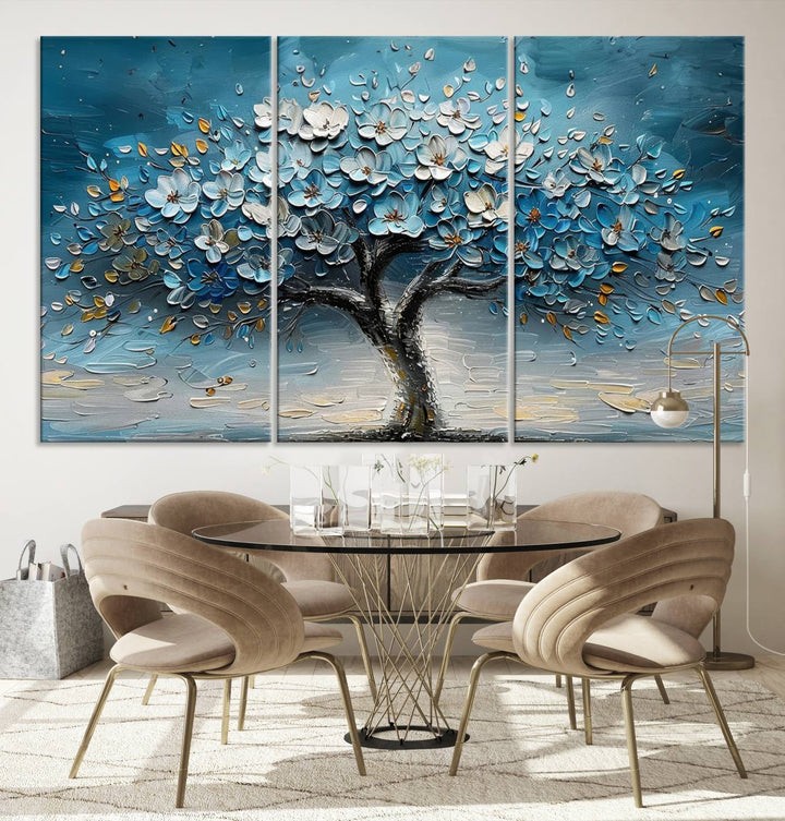 Abstract Blooming Tree Wall Art Print features blue, white, and gold textures on museum-quality canvas, perfect for modern decor.