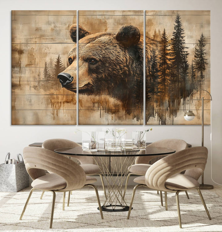 Abstract Rustic Grizzly Bear Wall Art Canvas Print - Woodland Wildlife Forest Print for Farmhouse Decor