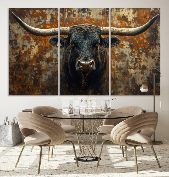 Abstract Longhorn Texas Bull Wall Art | Rustic Farmhouse Canvas Print | Ready to Hang Barn Decor for Farmhouse and Cabin Style