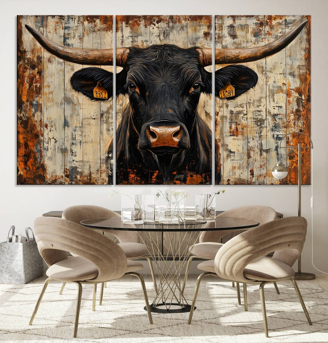 Abstract Cow Longhorn Bull Wall Art Canvas Print - Rustic Texas Western Cattle Artwork