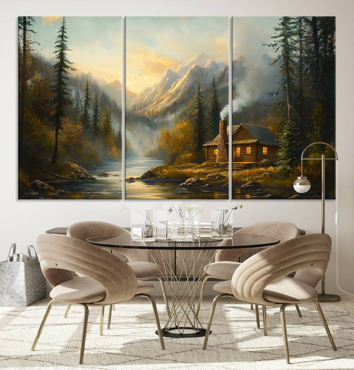 Wood Cabin Retreat Mountain at Sunset Wall Art Print - Serene Forest and River Landscape Wall Art Canvas Print