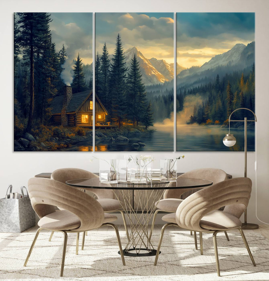 Mountain Cabin by the Lake at Sunset Wall Art - Serene Nature Canvas Print for Living Room Decor, Rustic Lodge Ambiance, 3-Panel Large Wall Art