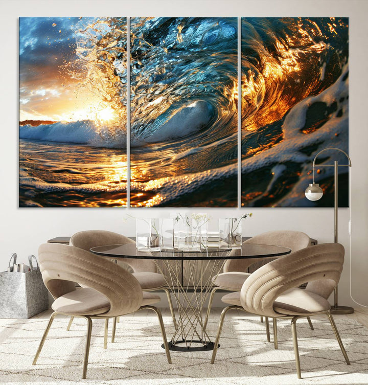 Ocean Wave at Sunset Wall Art | Ready to Hang Triptych Canvas Print | Coastal Wall Art for Living Room | Nautical and Beach House Decor