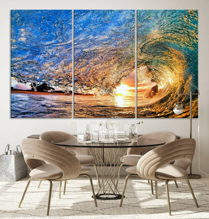 Ocean Wave at Sunset Canvas Print | Large Coastal Ocean Wall Art Print | Vibrant Beach Waves Art Print | Surf Lover Gift | Nautical Decor