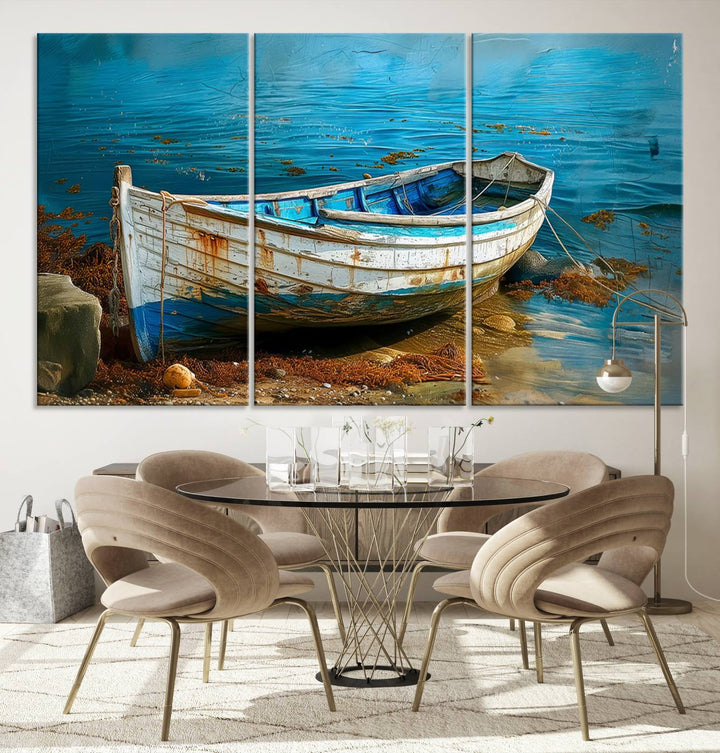 Vintage Boat on Tranquil Waters | Coastal Wall Art for Nautical Decor | Rustic Triptych Canvas Print | Beach House Art for Coastal Home Decor