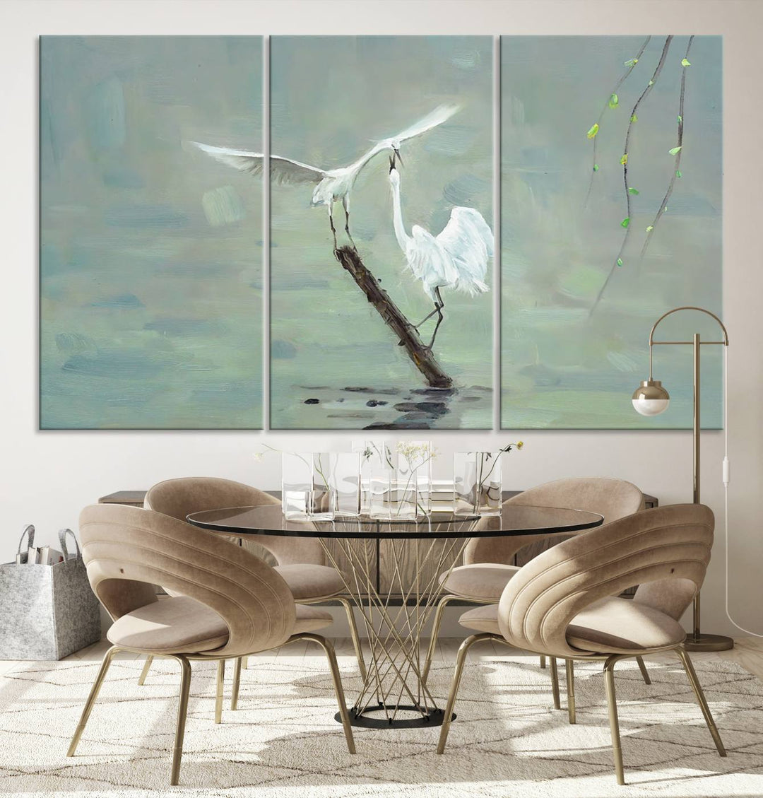 Elegant White Herons on Calm Waters | Coastal Wall Art for Nature-Inspired Decor | Serene Triptych Canvas Print | Ready to Hang Bird-Themed Art for Home Decor