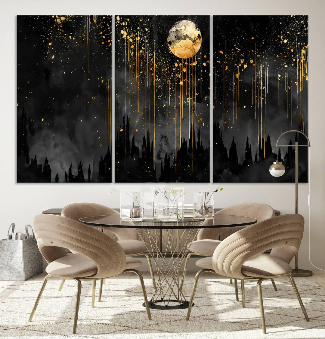 Gold Moon and Black Skyline Abstract Wall Art | Dark Modern Canvas Print with Dripping Gold Accents | Triptych Contemporary Homes