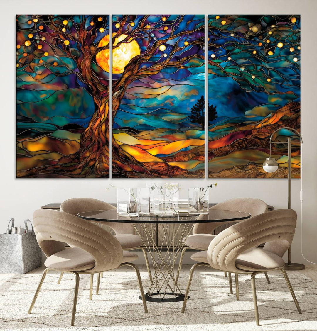 Yggdrasil Tree of Life Canvas Print - Vibrant Moonlit Tree Wall Art,  Tree of Life wall art, Nature-Inspired Stained Glass Effect