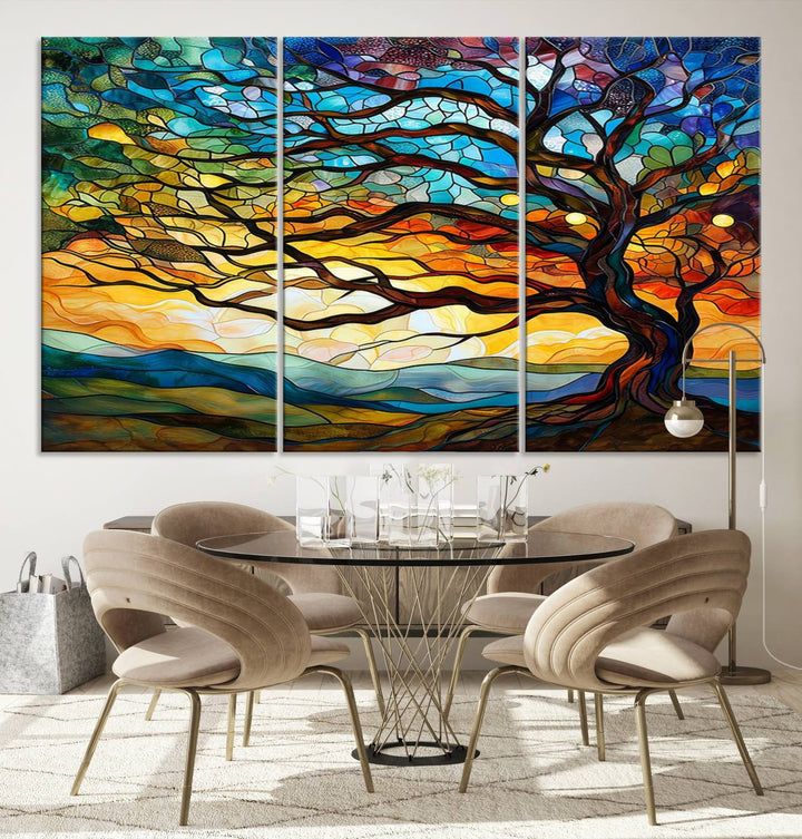 Vibrant Mosaic Tree of Life Wall Art | Stained Glass Style Canvas Print | Ready to Hang Artistic Decor