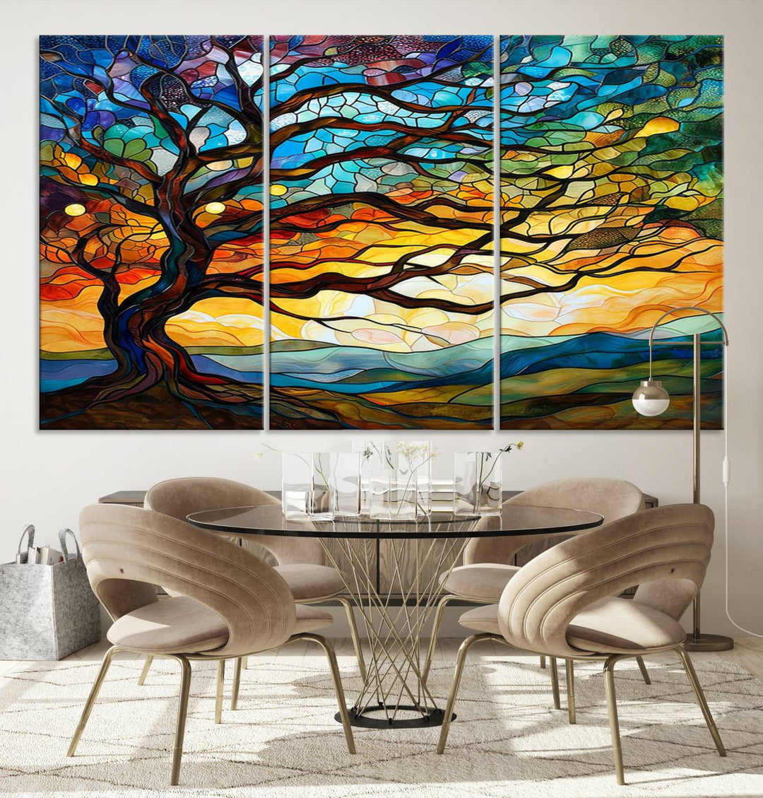 Mosaic Tree Wall Art | Ready to Hang Stained Glass Style Canvas Print | Farmhouse Wall Decor, Cabin Wall Art, and Unique Nature Home Decor