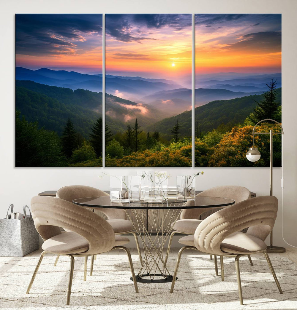 The Majestic Mountain Sunrise Print features a vibrant sky, layered hills, and evergreens, making it a stunning piece of wall decor.