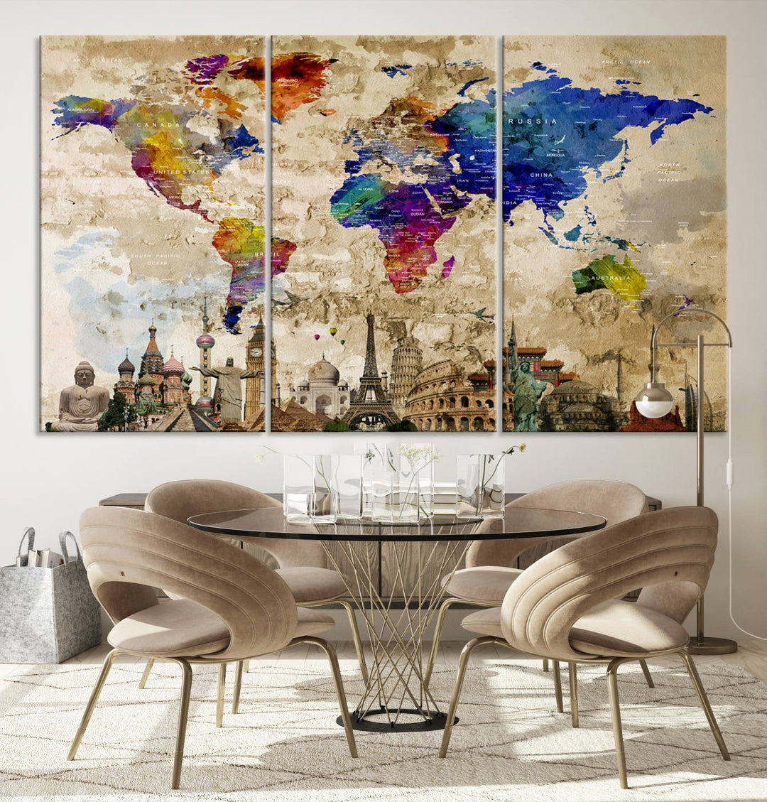 Artistic world map featuring landmarks like the Eiffel Tower, printed on premium wall art for office or living space.