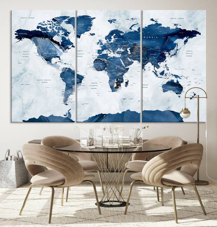 Navy Blue World Map with Antarctica Canvas: A perfect abstract home decor piece featuring a grunge-stained background.