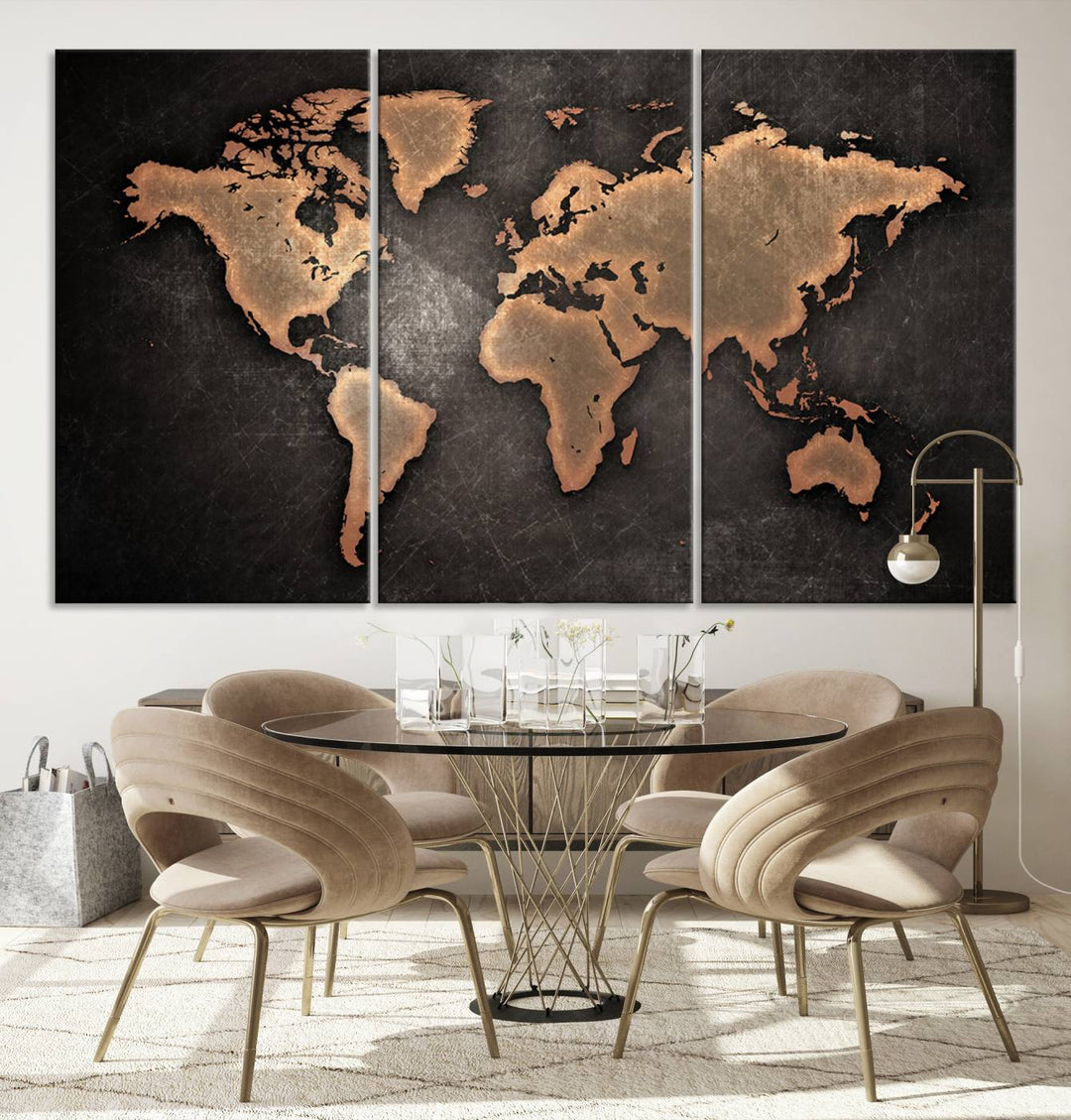 Maroon World Map Wall Art: Copper continents on a grunge-stained canvas, ideal for enhancing your decor.