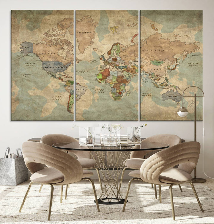 Vintage World Map Canvas Wall Art – Antique Triptych Map Print – Rustic Global Decor for Living Room or Office – Ready to Hang