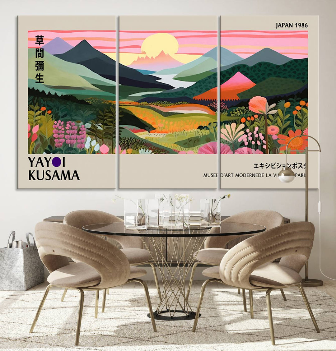 Vibrant abstract landscape canvas with mountains and fields, titled Yayoi Kusama 1986 Wall Art Print.