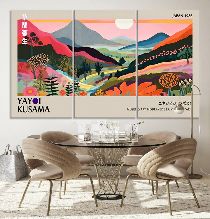 Vibrant abstract landscape canvas inspired by Yayoi Kusama, featuring mountains, trees, and flowers in a triptych style.