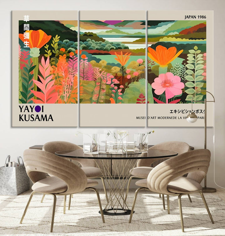 A vibrant 1986 Yayoi Kusama abstract landscape featuring flowers and hills on a canvas wall art print, ready-to-hang.