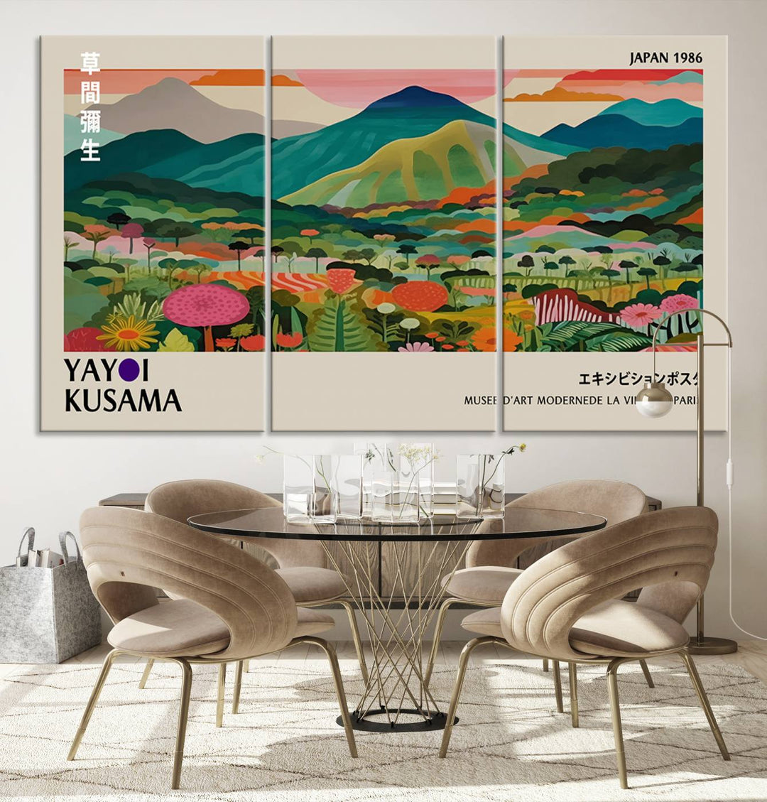 1986 Yayoi Kusama Art Print – Vibrant, abstract landscape featuring hills and trees in a Japanese Wabi Sabi style. Ready-to-hang.