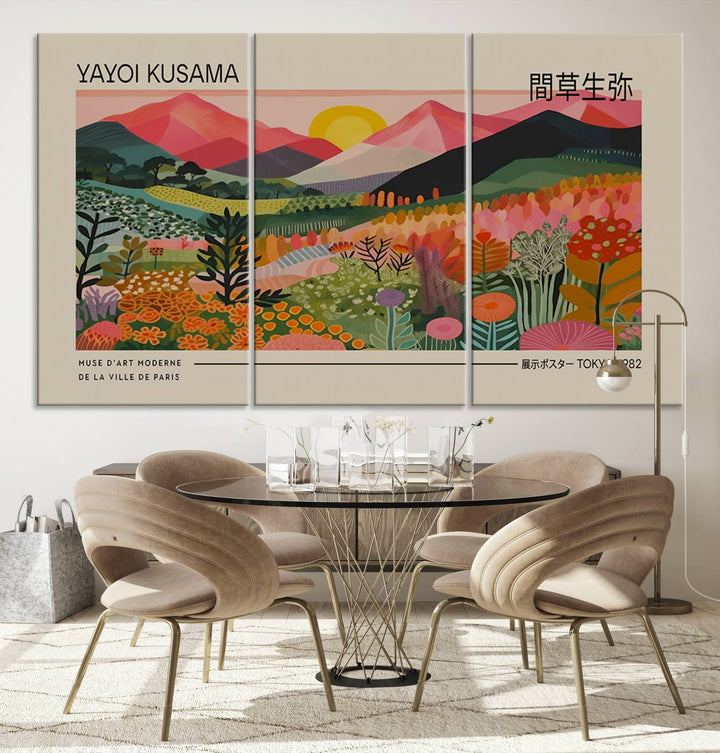 A vibrant abstract triptych features mountains, a sun, and plants in Yayoi Kusamas style with Japanese and French text included.