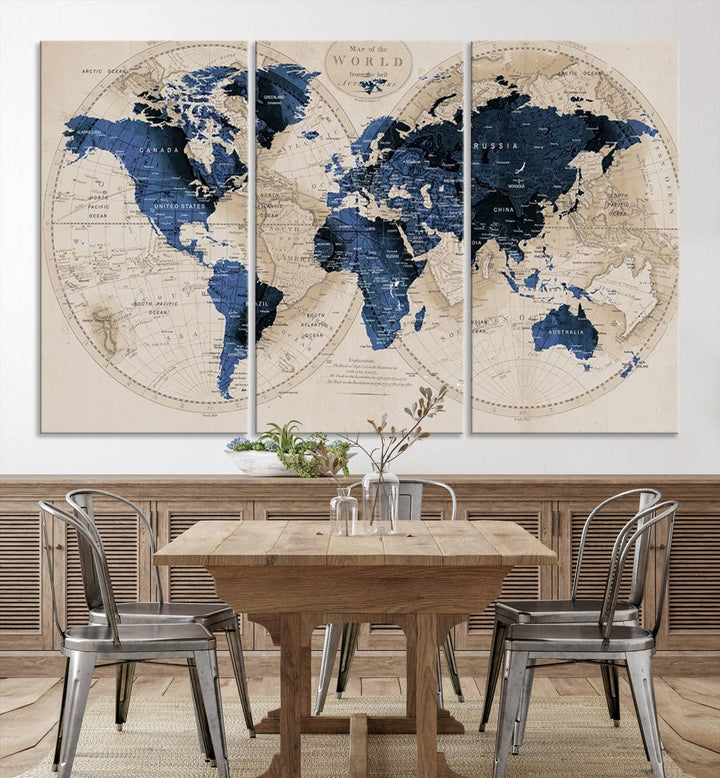 The Vintage Triptych Map Print is a grunge-stained blue and beige world map, perfect for enhancing wall decor.