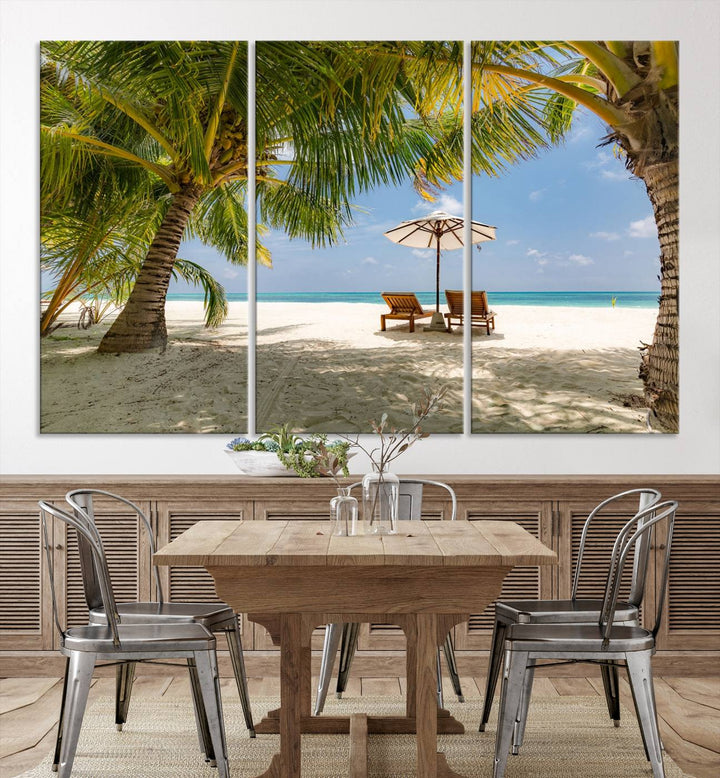 The canvas art print titled Lounge Chairs Palm Trees on Tropical Beach offers free shipping.