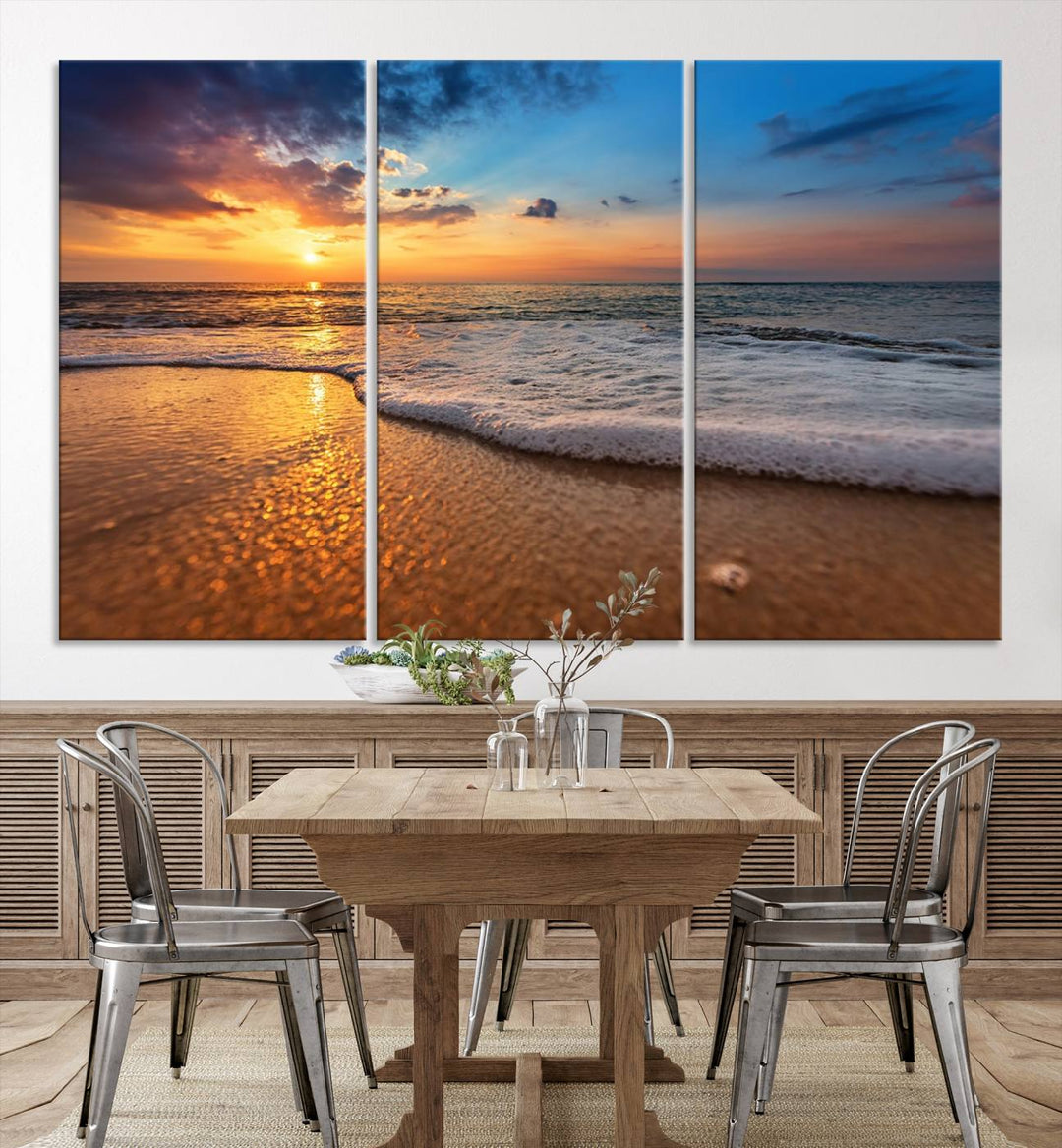 The Golden Sunset Beach Waves Triptych adds a modern coastal touch with its stunning seascape.