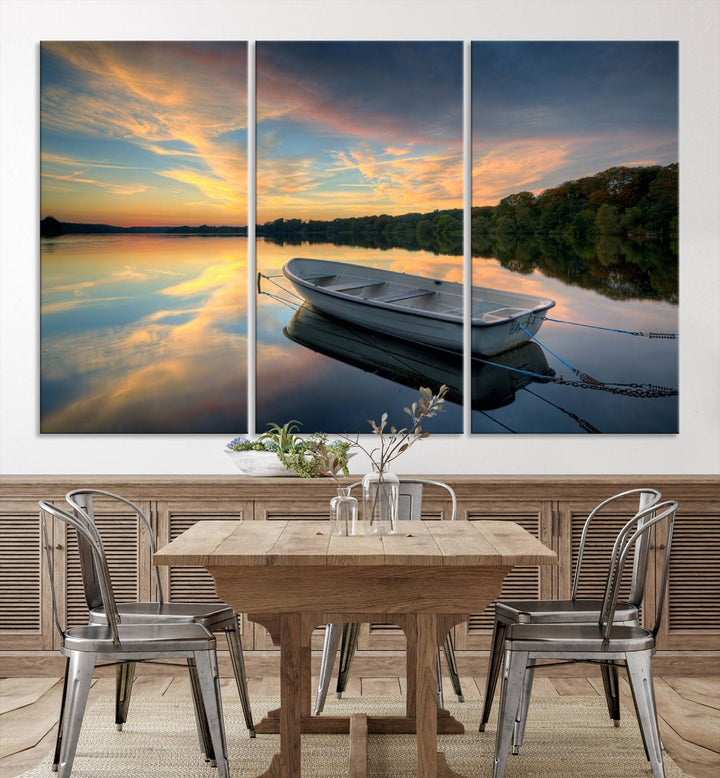 Serene Rowboat on Calm Lake Triptych Canvas Art, Giclee Wall Art of Peaceful Sunset Reflections, Tranquil Landscape Wall Art for Home or Office