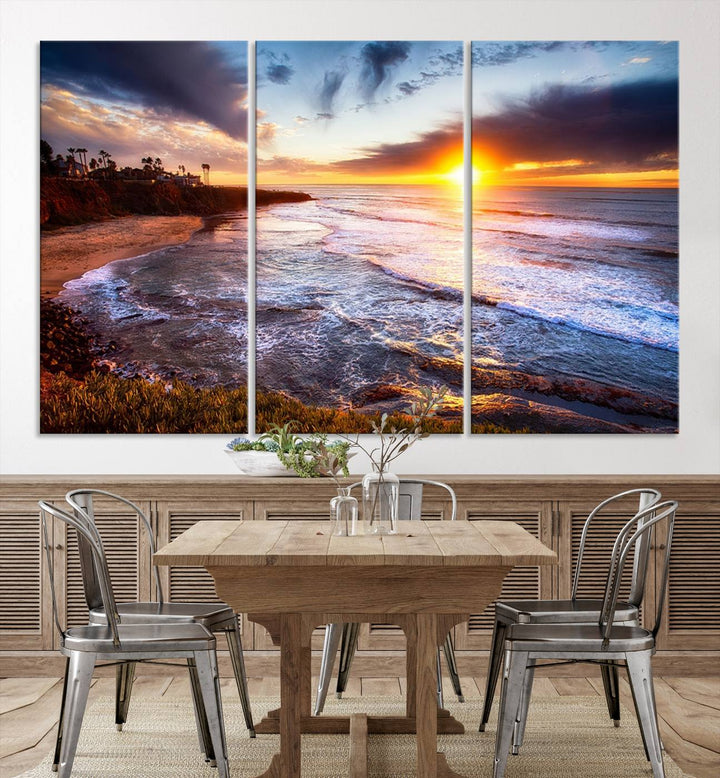 California Coastline Sunset Canvas Art, Ocean Waves Crashing on Cliffs, Giclee Canvas Print for Beach House Decor