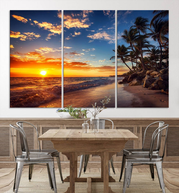 Tropical Beach Sunset Canvas Art, Palm Trees and Ocean Waves Wall Art, Giclee Print for Coastal Home Decor