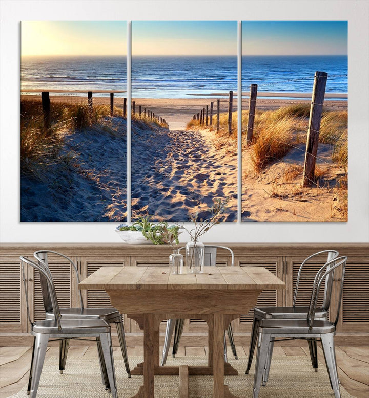 Tropical Beach Sunset Canvas Art, Ocean Waves and Sandy Shoreline Wall Art, Large Beach Decor for Coastal Homes