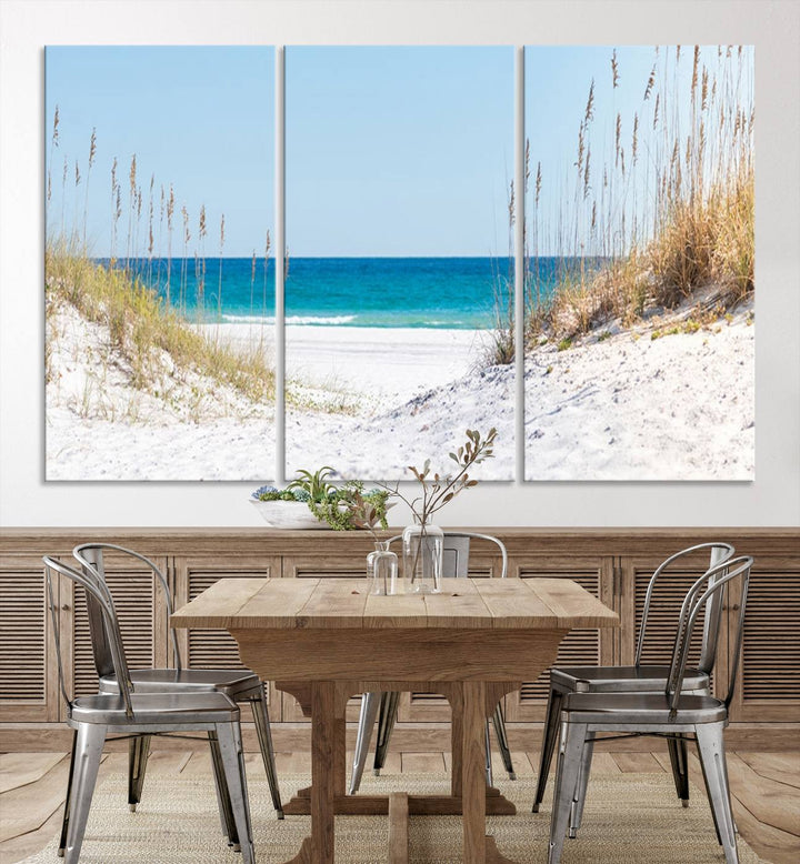 Serene Coastal Dune Path with Ocean View, 3-Panel Beach Canvas Art; tranquil seascape for coastal decor.