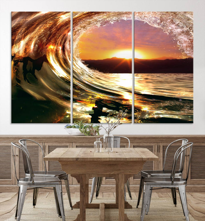 The Golden Wave Sunset Triptych Canvas Art showcases an ocean wave at sunset, casting warm light.