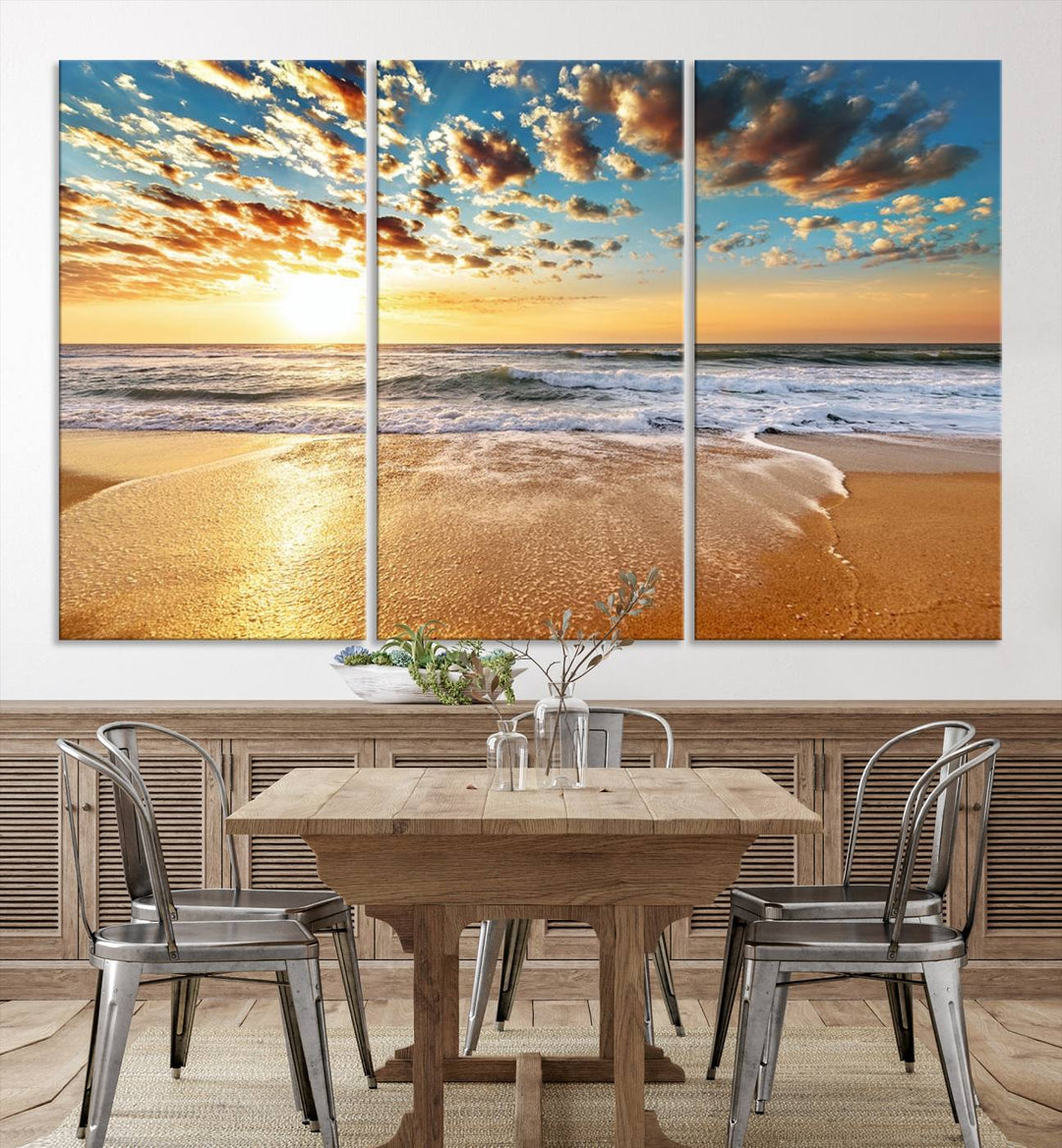 A Golden Sunset Beach giclee triptych canvas hangs prominently.