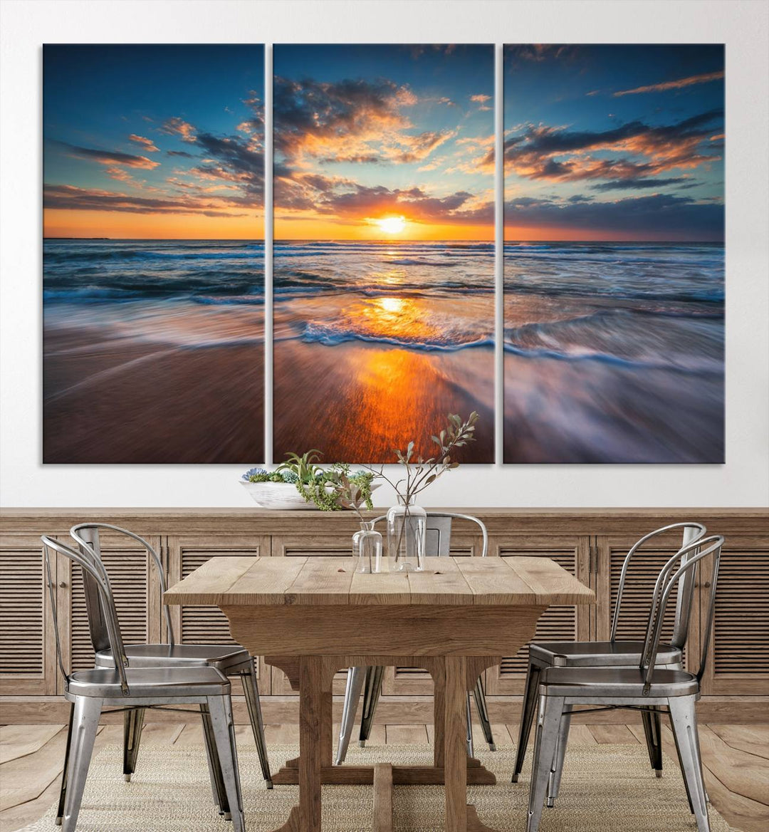 The Sunset on the Ocean canvas adds coastal ambiance to the wooden wall.