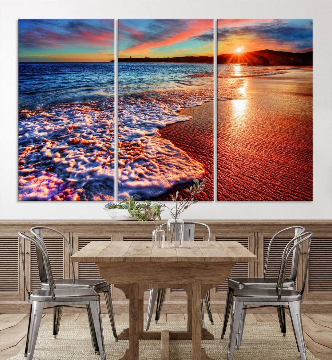 The Colorful Coastal Sunset on the Beach canvas print portrays ocean waves at dusk.