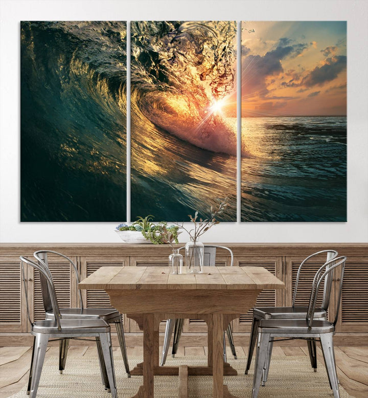 A triptych seascape titled Ocean Wave Sunset Canvas, featuring a stunning ocean view at sunset, is beautifully framed and ready to hang.