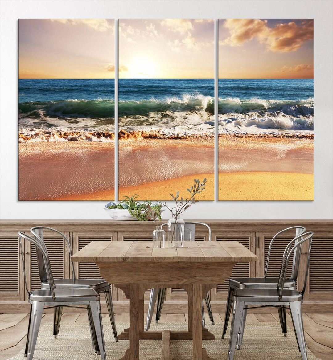 The wall features a Canon-quality Serene Beach Path canvas giclee print, depicting coastal dunes.