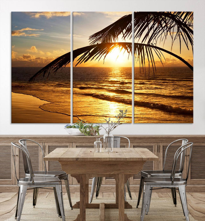 Golden Tropical Beach Sunset Canvas Triptych: Coastal Palm Art & Giclee Print with Gallery Wrap, capturing golden waves.